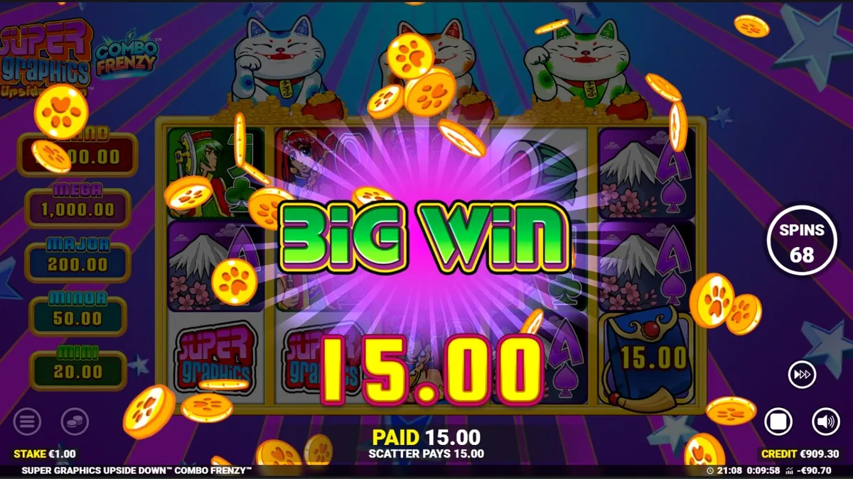Interface colorida e animada do slot Super Graphics Upside Down