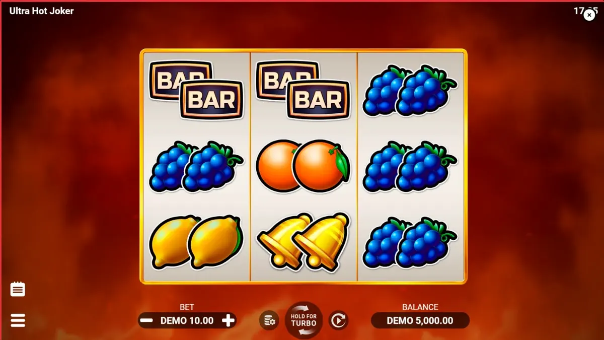 Interface do jogo Ultra Hot Joker com símbolos clássicos de frutas e o Joker em chamas