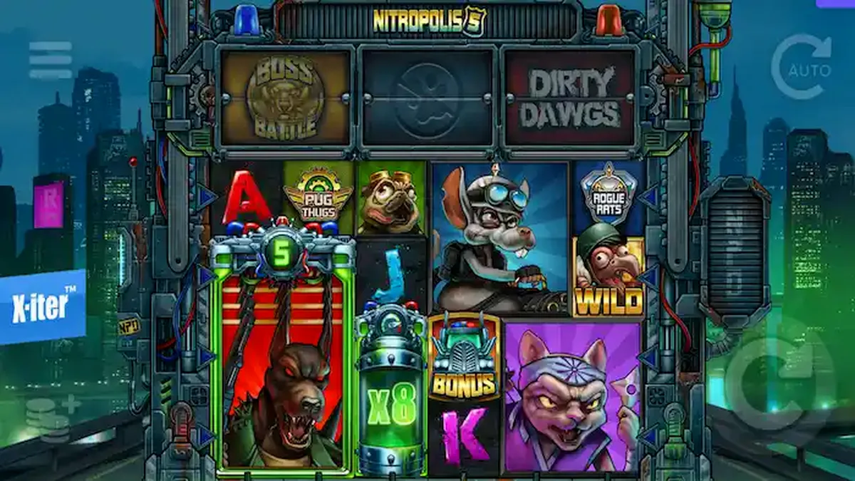 Cena de batalha urbana no slot Nitropolis 5 com elementos de alta tecnologia e clãs animais.